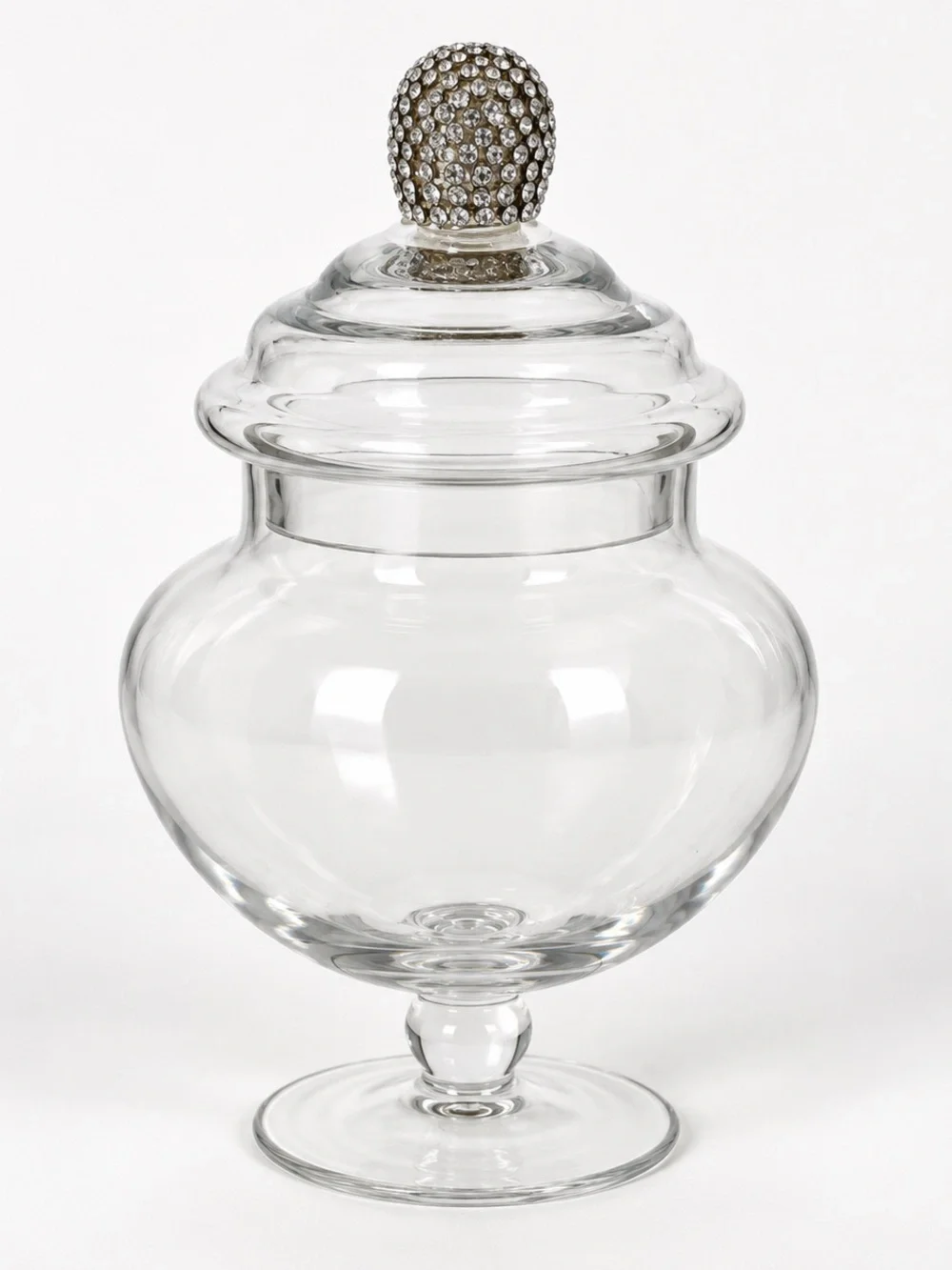 Clear Glass Pedestal Candy Jar with Rhinestone Lid – 9 Inches
